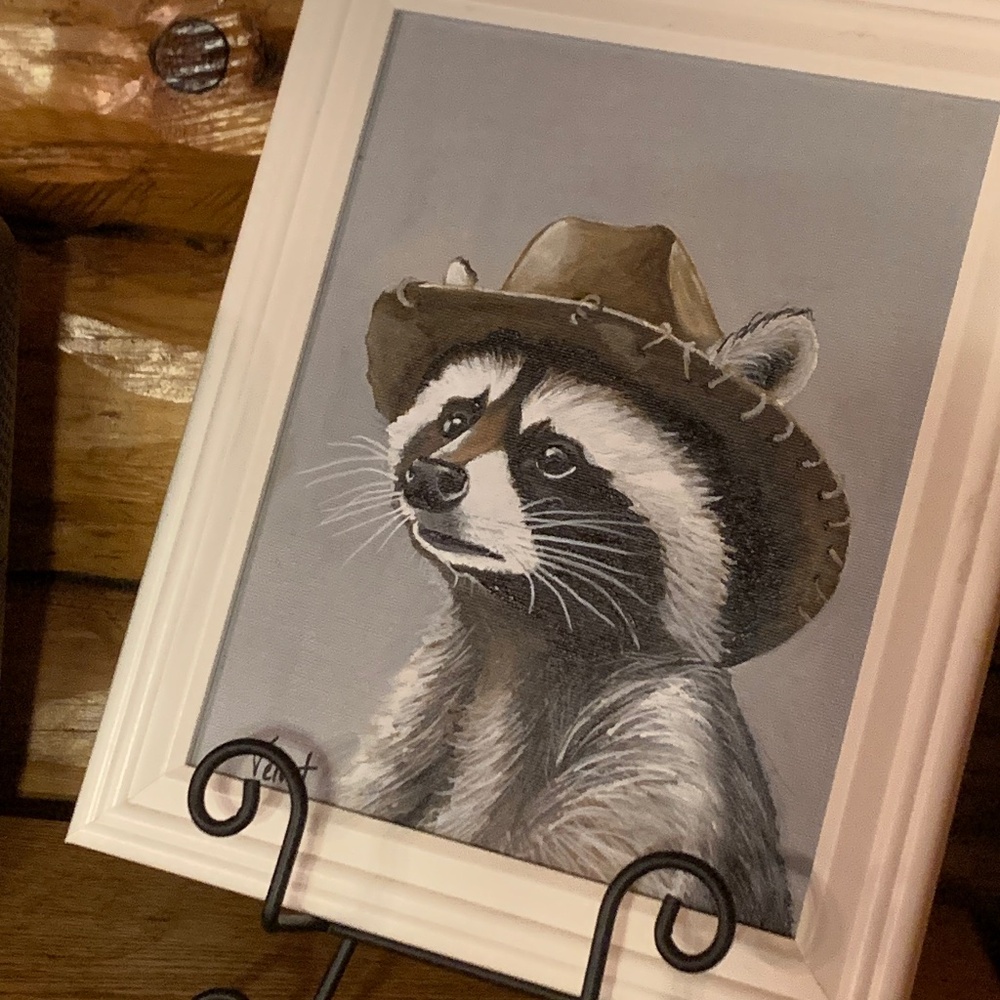 8x10 Raccoon Cowboy acrylic on canvas board by artist